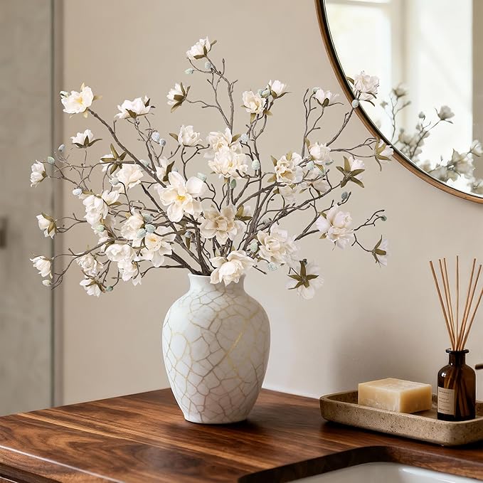 HyeFlora 3PCS Artificial Magnolia Flowers Stems for Spring Decoration, Faux Champagne Magnolia Branches with Buds, 34.5" Long Stems Floral Arrangement for Vase Pot Table Centerpiece Indoor Decor