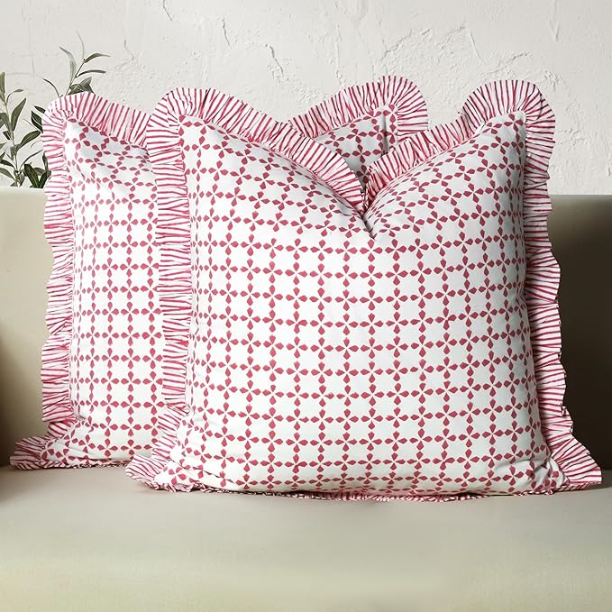 CPC Magenta Pink Hand Block Print 100% Cotton Ruffle Throw Pillow Cover 24x24 inch with Hidden Zipper Decorative for Couch, Bed, Sofa, Farmhouse, Cottagecore Decor Gift Christmas Fall Thanksgiving