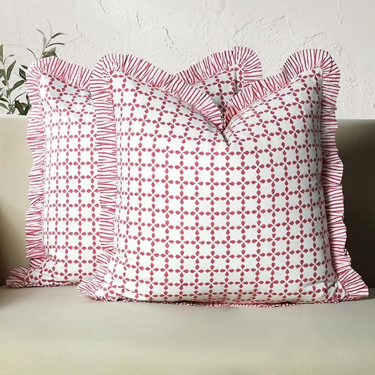 CPC Magenta Pink Hand Block Print 100% Cotton Ruffle Throw Pillow Cover 24x24 inch with Hidden Zipper Decorative for Couch, Bed, Sofa, Farmhouse, Cottagecore Decor Gift Christmas Fall Thanksgiving