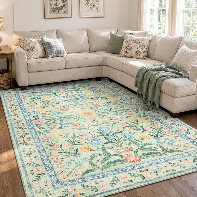 Wonnitar Machine Washable 5x7 Area Rug, Boho Floral Rugs for Living Room Non-Slip, Soft Pink and Green Flower Ultra-Thin Non Shedding Carpet for Bedroom Dining Room Nursery