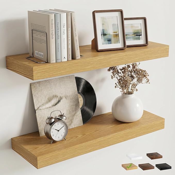 Venusmiles Floating Shelves for Wall, 20 Inch Floating Shelves Set of 2, 6.5" D Wooden Wall Mounted Display Shelves with Invisible Brackets for Living Room, Bedroom, Bathroom, Kitchen Decor, Oak