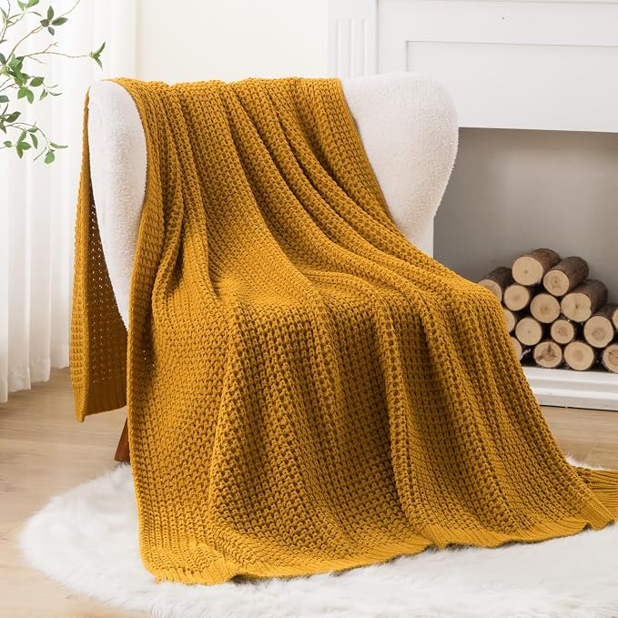 Bunnikins & Clover Knitted Waffle Throw Blanket 60x80 Inches, Mustard Yellow Throw Blanket for Couch, Soft Cozy Chenille Knit Blanket Warm Decorative Throw for Sofa