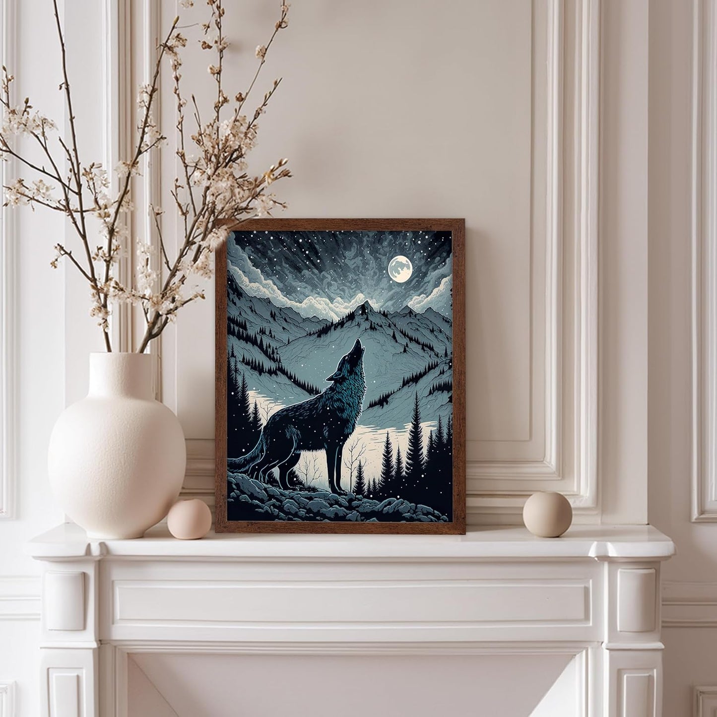Poster Master Vintage Illustration Poster - Retro Animal Print - Gift for Artist, Friend - Wolf Howling at the Moon, Mountain, Snow, Landscape - Wall Decor for Home, Office, 11x14 Brown Framed