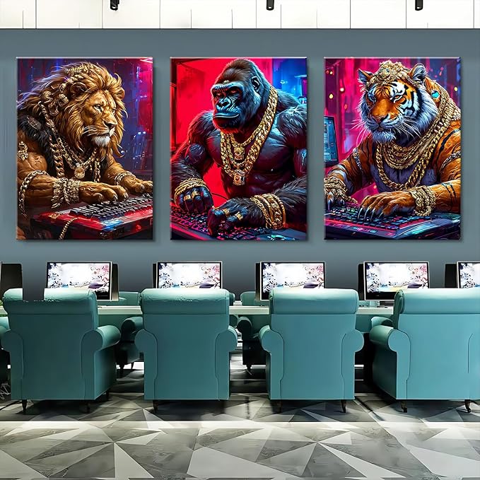 Animal & Tech-Inspired Wall Art Prints-Vibrant Tiger,lions Gorilla & Game Design Poster,Cyberpunk neon Electronic Game Style Painting Canvas Picture,for Boy Teen Men Bedroom Playroom, Framed 16X24inX3