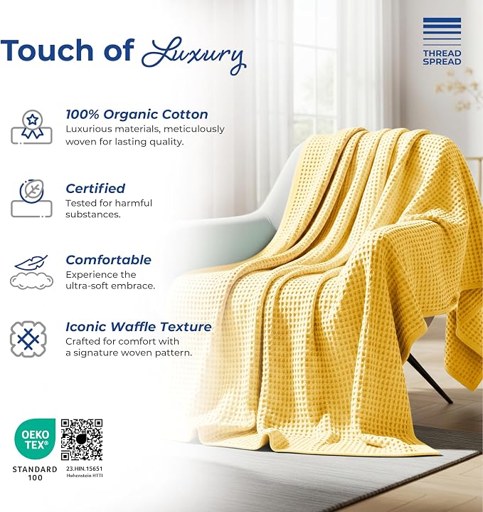 THREAD SPREAD 100% Cotton Waffle Blanket Queen Size - Soft Lightweight Breathable Waffle Weave Queen Blanket for All Season, Textured Throw Blankets for Bed, Sofa, Hotel, Hospital - Yellow