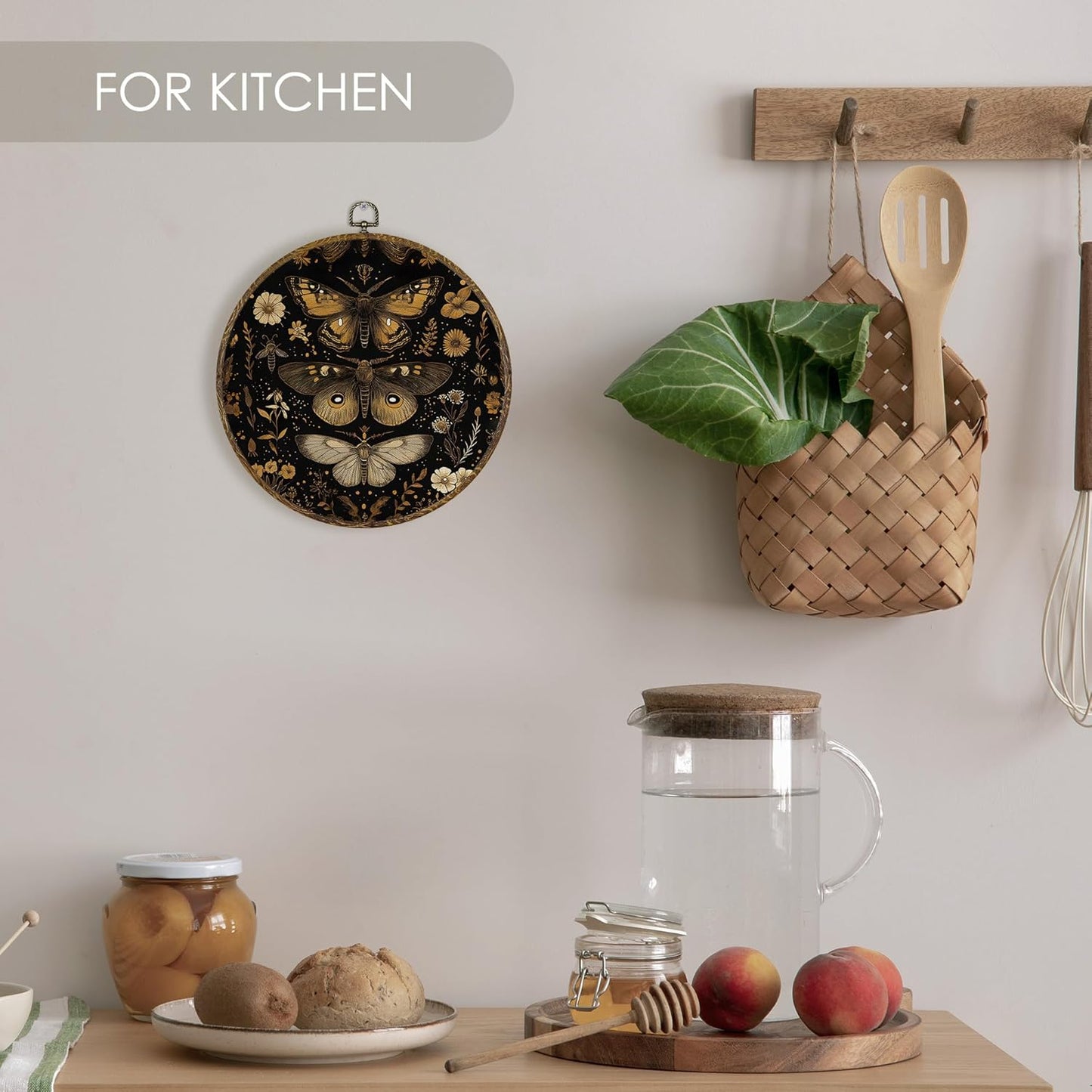 Fewgb Black Gothic Moth Round Wall Art Decor Framed for Gallery Bedroom Living Room Bathroom, Dark Witchy Butterfly Flower Canvas Wall Art Prints Picture, Moody Floral Hanging Room Decor Artwork 10x10