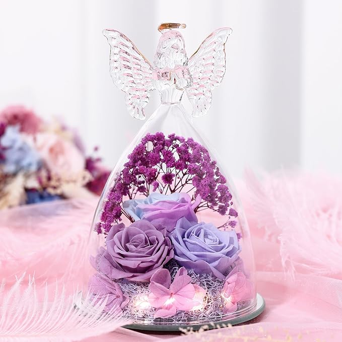 Mothers Day Rose Gifts for Women Preserved Real Flower in Glass Angel Figurines Roses for Delivery Prime Birthday Gifts for Mom Grandma Girlfriend Wife Her, Multi Purple