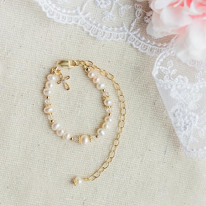 Cherished Moments 14K Gold-Plated Cherished Babe to Bride Cross Bracelet Gift for Infant Baby Baptism, Christening or Dedication with Cultured Pearls