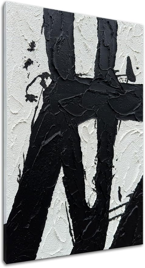 Hand Painted Black and White 24x36 Wall Art, Black and White Paintings Vertica Texture Abstract Wall Canvas Contemporary Art Minimalist Home Decorations Framed Artwork Wall