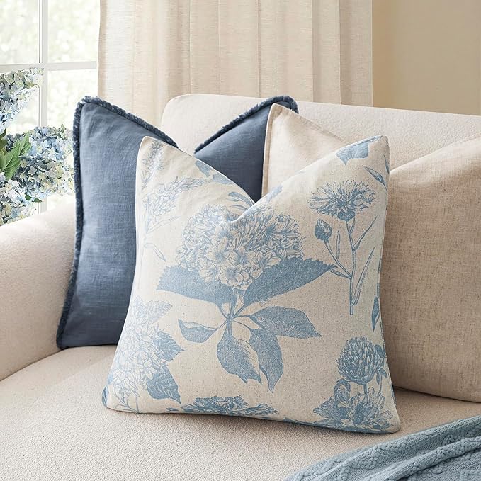 Foindtower Set of 2 Linen Floral Vintage Throw Pillow Covers Neutral Accent Decorative Cozy Cushion Covers Farmhouse Boho Home Decor for Sofa Chair Couch Bedroom Living Room,22×22 Inch,Sky Blue