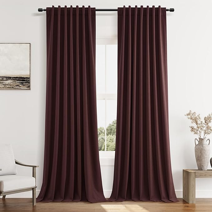 Guken 100% Blackout Curtains 108 Inch Length 2 Panels Set for Living Room Bedroom Back Tab Thermal Insulated Black Out Linen Drapes Room Darkening Reddish Brown,52x108