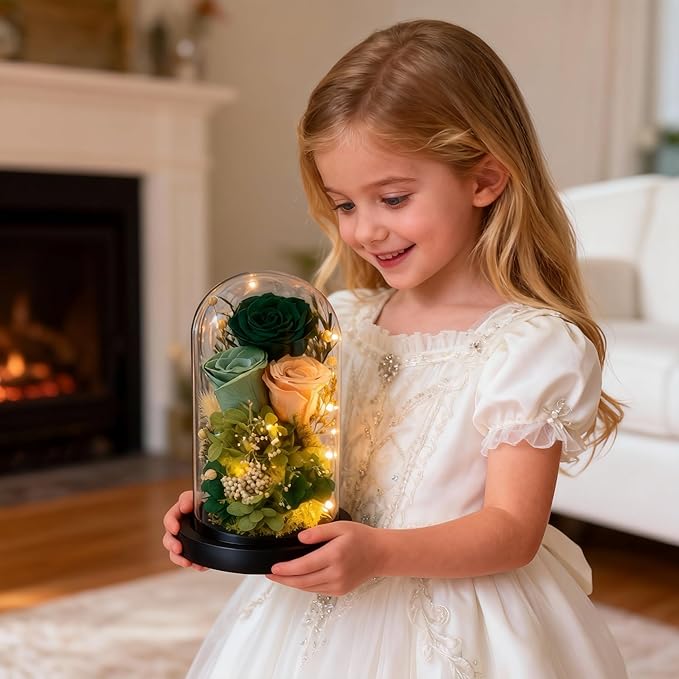HipTree Preserved Morandi Green Rose in Glass Dome with LED Lights - Forever Eternal Rose Gifts for Women, Valentines Day Mothers Day Birthday Christmas Wedding Anniversary for Mom Wife Girlfriend
