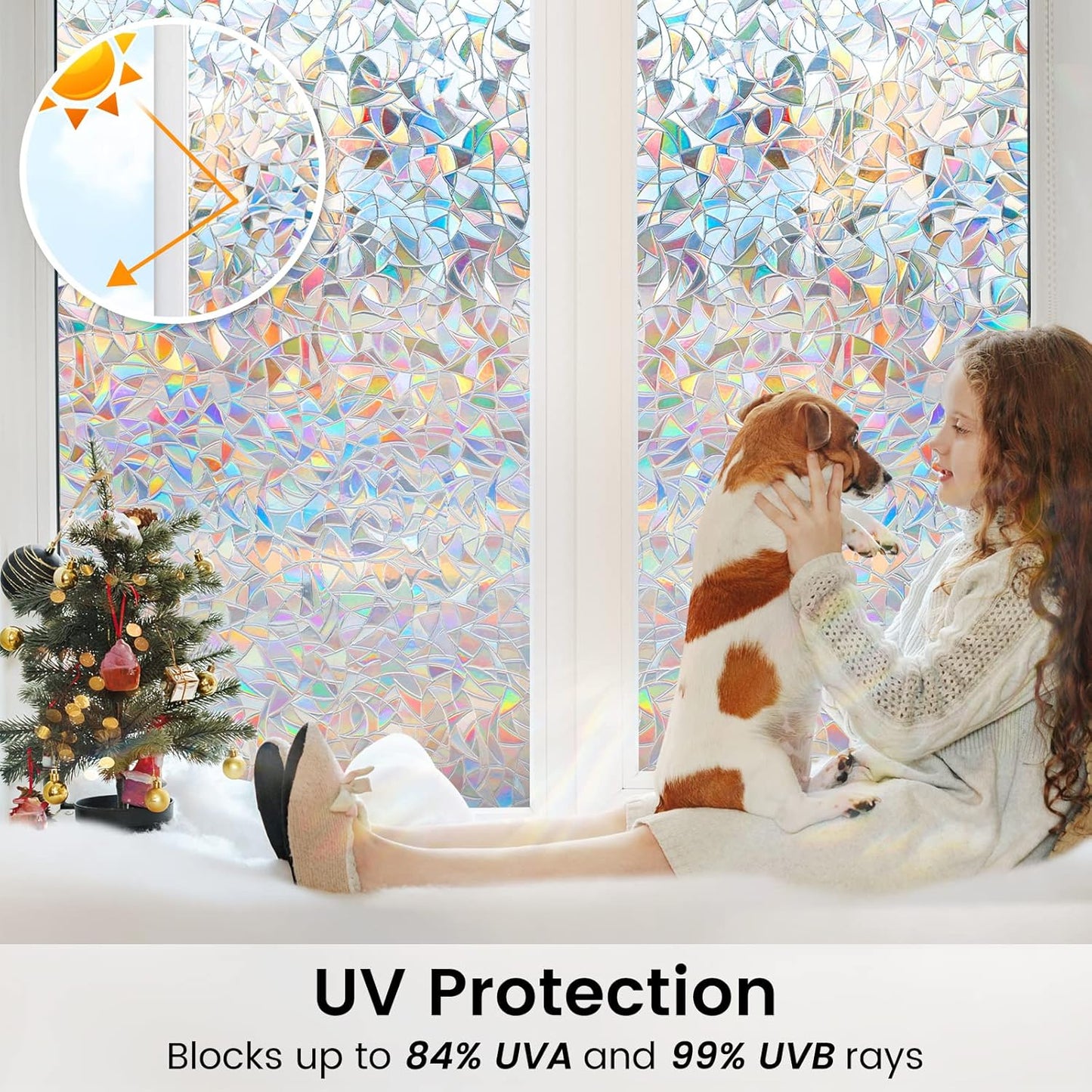 DOWELL Window Privacy Film, Rainbow Window Film, Decorative Stained Glass Clings, Static Cling Door Sticker, Non-Adhesive 3D Decals for Home UV Protection, 35.4 x 118 inches