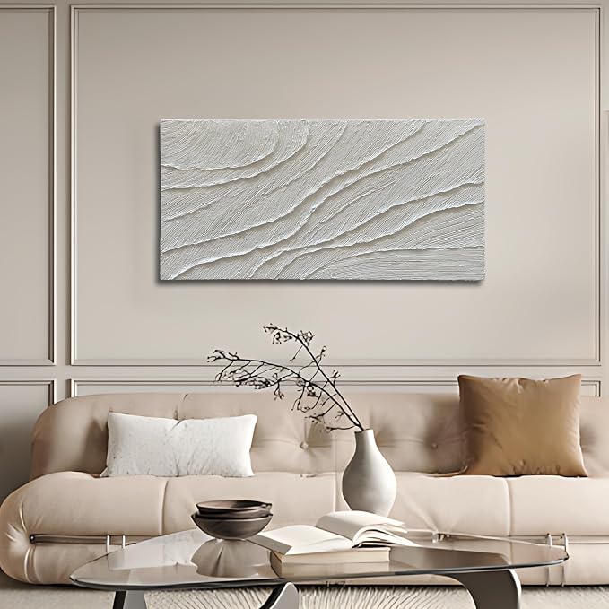 NANKAI Art Hand-Painted 24x48-inch White Texture Art Oil Painting, Modern Abstract Art, Large-Scale Home Wall Decoration