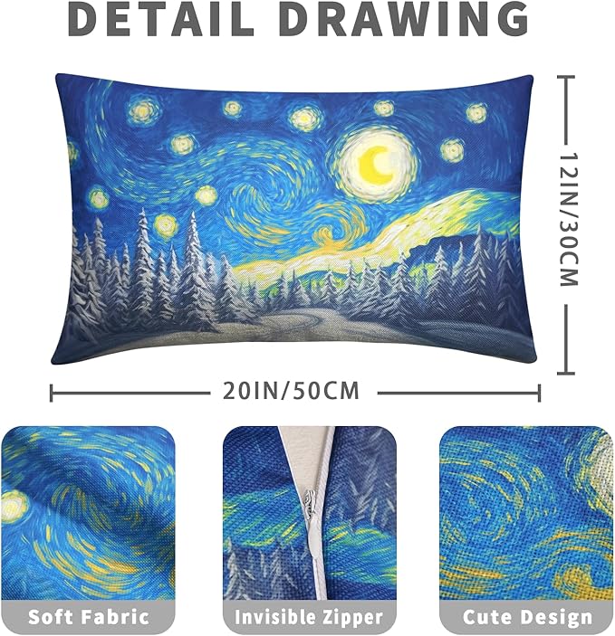 Winter Pine Forest Pillow Covers Van Gogh Starry Night Lumbar Throw Pillow Covers Christmas Tree Pillowcase 12x20 Set of 2 Rectangular Cushion Case for Living Room Couch Sofa