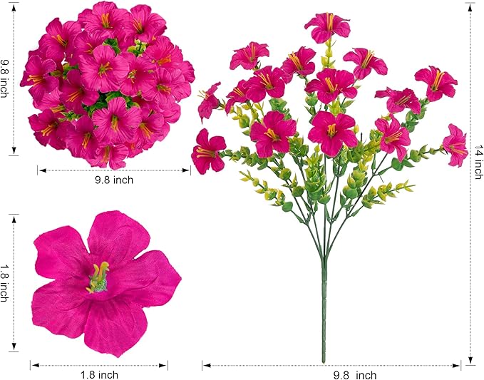 Artificial Flowers for Outdoors Decoration, 20 Bundles Fuchsia Faux Morning Glory with Eucalyptus Look Real UV Resistant Fake Plants Silk Flowers for Outside Yard Gardens Porch Patio Planter Home Urn