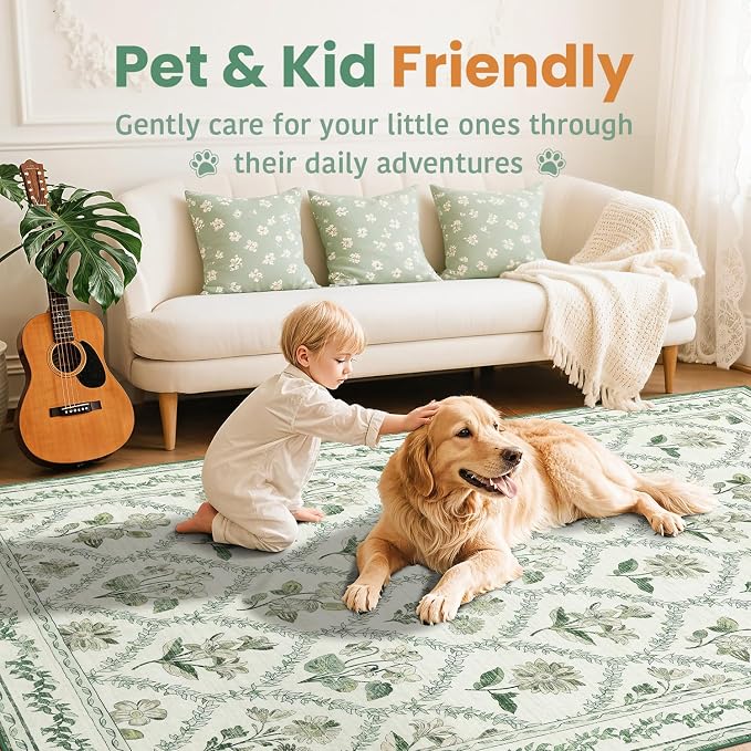 LIANLAM Checkered Rug 8x10 Area Rugs for Living Room - Stain Resistant & Non-Slip Backing Vintage Boho Floral Design Rug for Bedroom,Durable & Ultra-Thin Large Washable Area Rug(8x10,Green)