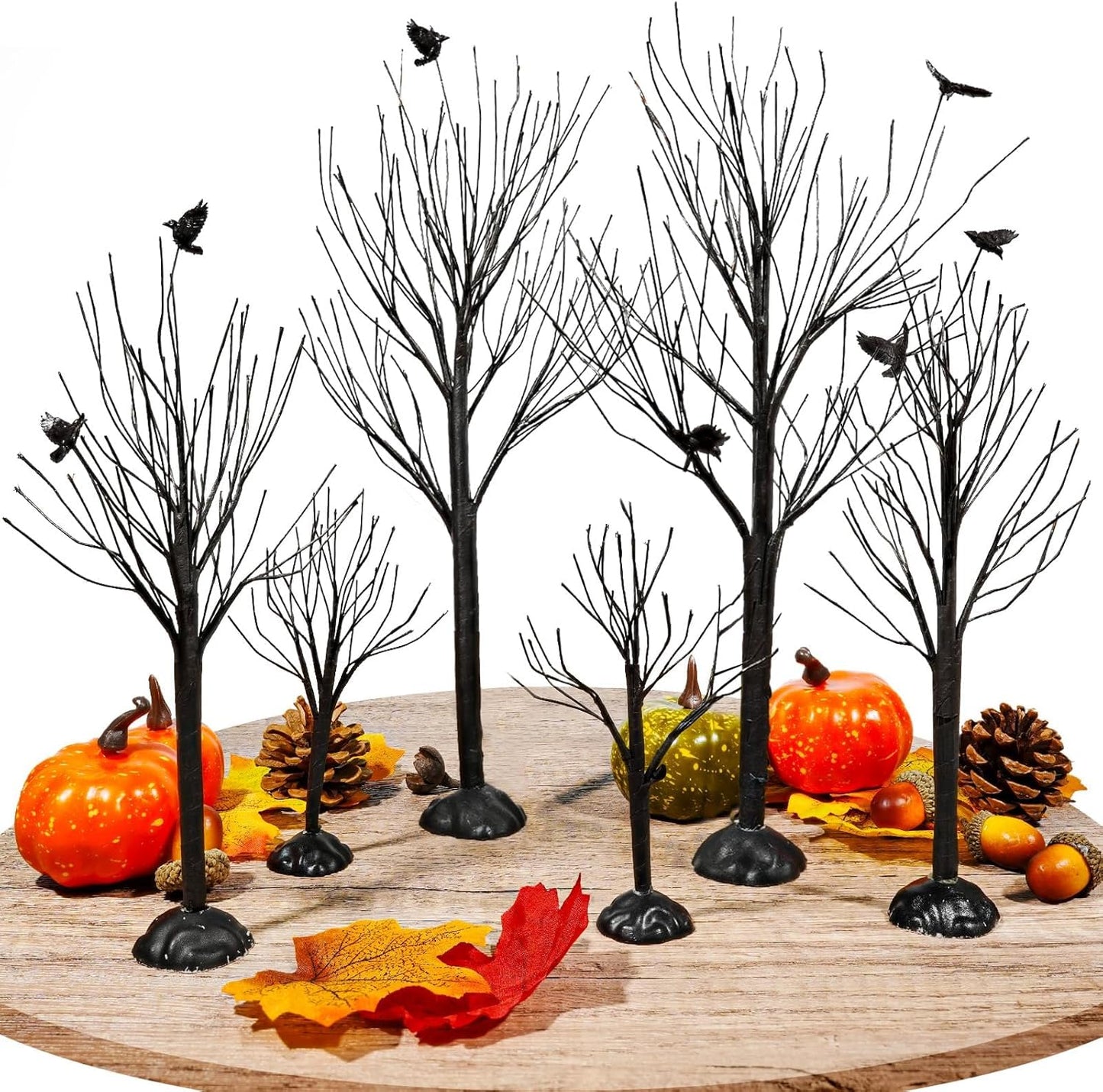 Warmtree 6 Pcs Halloween Village Trees Mini Decor Tree Artificial Tabletop Branch Trees, Halloween Village Accessories with Crows Figurine for Holiday Home Garden Office Festival Decor
