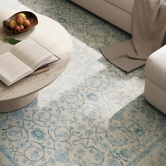 Washable Rugs for Living Room: 9x12 Area Rugs for Bedroom Ultra Soft Non-Slip Low Pile Vintage Boho Large Carpet for High-Traffic Dining Room - Farmhouse Decor