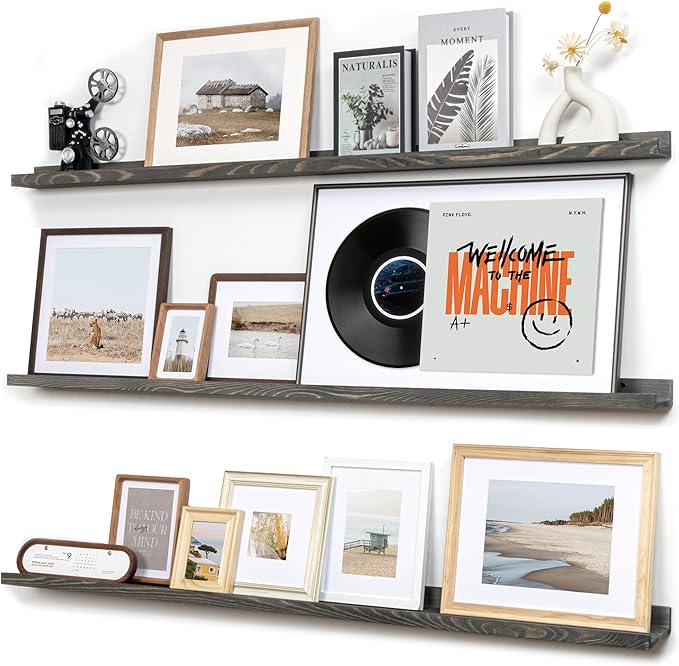 FLYJOE Picture Ledge Wall Shelves 48 Inches Width Set of 3, Solid Pine Wood Rustic Floating Ledge for Kids' Room Bedroom Kitchen Bathroom, Long Floating Shelves for Wall Decor, Grey