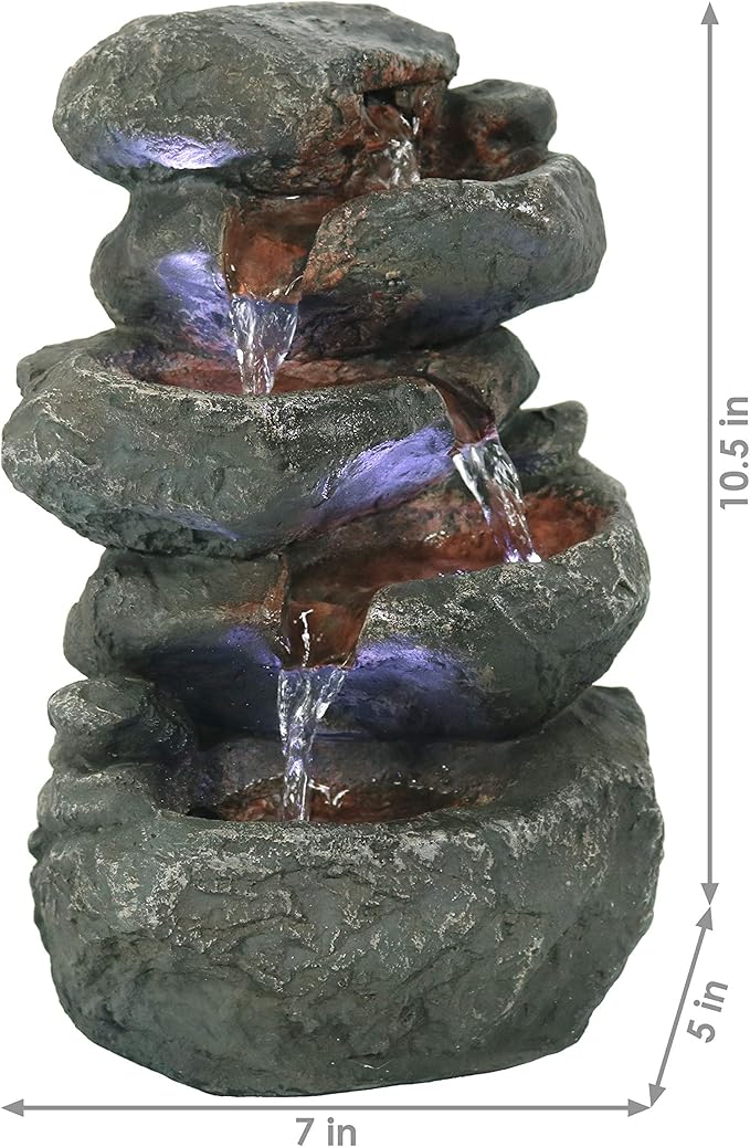 Sunnydaze Tabletop Water Fountain - Stacked Rocks 10.5 Inch Relaxing Desktop Water Fountain with LED Lights - Office, Bedroom, Living Room