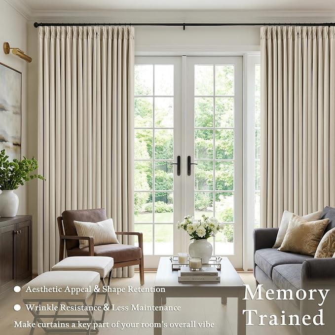 Extra Wide Blackout 60 x 84 Inch Curtains 1 Panel for Bedroom, Beige Oatmeal Pinch Pleat Room Darkening Pinch Pleated Curtain Sound Dampening for Sliding Patio Door Large Window Drapes