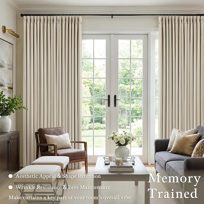 Extra Wide Blackout 60 x 108 Inch Curtains 1 Panel for Bedroom, Beige Oatmeal Pinch Pleat Room Darkening Pinch Pleated Curtain Sound Dampening for Sliding Patio Door Large Window Drapes