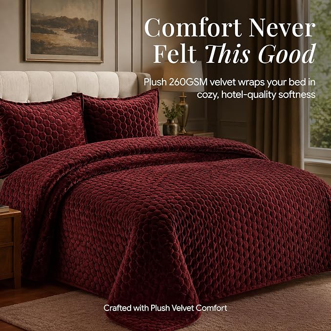 Tribeca Living Lugano Oversized Velvet Quilt and Sham Set | All Season, Extra Large, 3 Piece Velvet Queen Quilt Set with 2 Pillow Shams in Burgundy Honeycomb Pattern 260 GSM