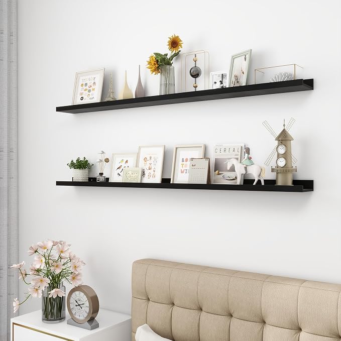 Acovy Picture Ledge Shelf, Wood Long Floating, Set of 2, 56 inch, Black | Wall Mounted, For Living Room Kids' Room Bedroom, Photo Ledge Nursery Book Shelves