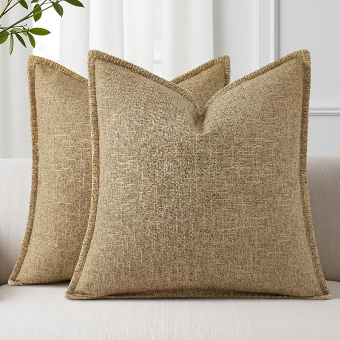 decorUhome Summer Decorative Throw Pillow Covers 22x22 Set of 2 Square Faux Linen Farmhouse Euro Sham Pillow Covers with Stitched Edge Outdoor Neutral Pillow Covers for Couch Sofa Living Room, Khaki