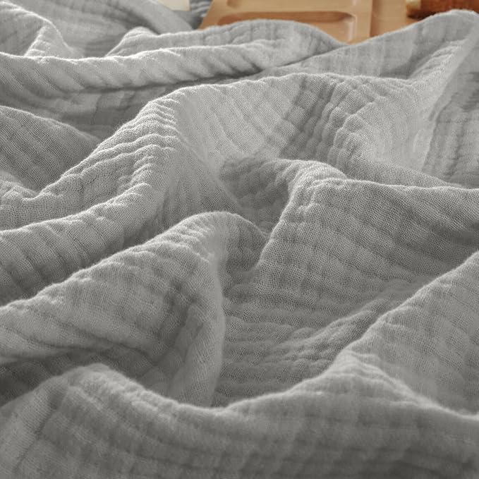 PHF 100% Cotton Muslin Blanket Queen Size 90"x90", 4-Layer Lightweight Gauze Throw, Breathable Cloud-Soft Minimalist Blanket for Bed, Couch, Camping & Baby, Light Grey, Ideal Gift