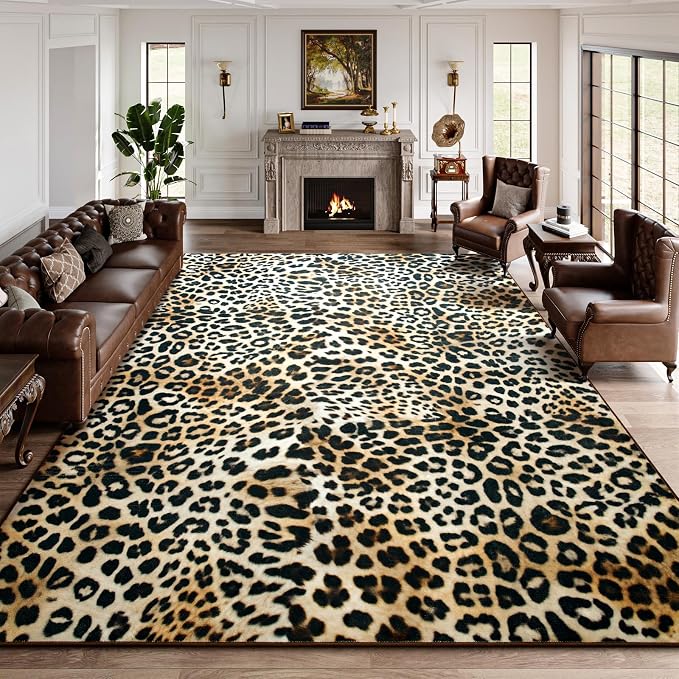 DweIke Leopard Print Rug for Living Room, Machine Washable 4x6 Cheetah Area Rugs for Bedroom, Non-Slip Low Pile Animal Hide Carpet with Rubber Backing for Dining Room Kitchen Home Decor,White Brown