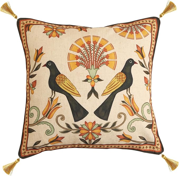 bilin gaier Designer Square Linen Throw Pillow Cover,18"x18"-Seville C | Vintage Elegant Pillow Cover,Concealed Zipper,Floral and Bird Pattern,Sofas,Bedroom,Living Room,Lounge Chairs