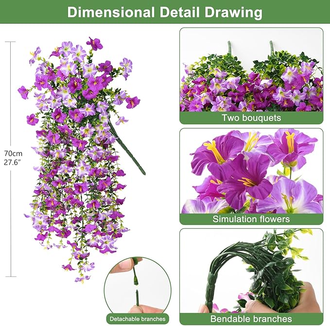 Artificial Fake Flowers Plants for Outdoor Spring Summer Decoration,2 PCS Faux Silk Morning Glory with Eucalyptus Leaves,UV Resistant Realistic Outdoor Flowers for Balcony Porch Patio Yard Garden