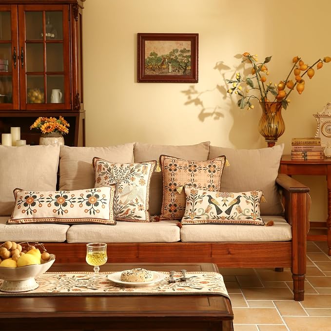bilin gaier Rectangle Linen Throw Pillow Covers,20"x12" Set of 2-Seville C | Designer Vintage Elegant Pillow Cover,Concealed Zipper,Floral and Bird Pattern,Sofas,Bedroom,Living Room,Chairs