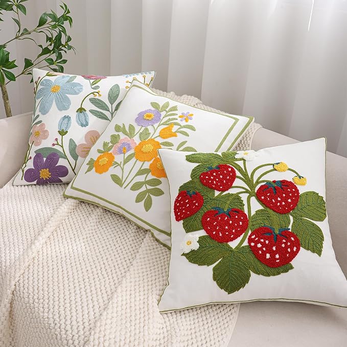 Embroidered Throw Pillow Covers 18x18 inch Pack of 2 Red Strawberry with Green Leaves Floral Pillowcases Farmhouse Pillow Cushion Cases Spring Summer Home Decor for Sofa Bed Living Room
