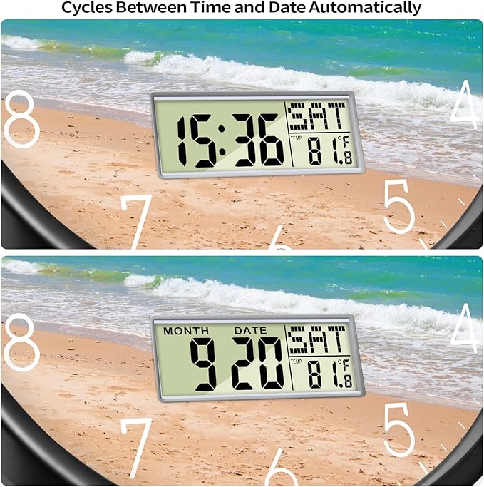 14 Inch Blue Ocean Beach Wall Clock, Silent Non-Ticking Battery Operated Analog Clock with LCD Calendar & Temperature Display, Modern Wall Clock for Home, Office, Beach House, Hotel Decor
