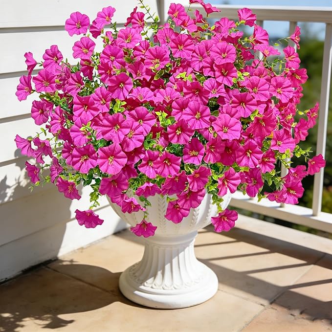 Ouddy Decor 24 Bundles Artificial Flowers for Outdoors, Fake Petunias Flowers Silk Morning Glory with Eucalyptus Faux Plants for Indoor Outside Spring Summer Yard Garden Porch Home Decor, Rose Red