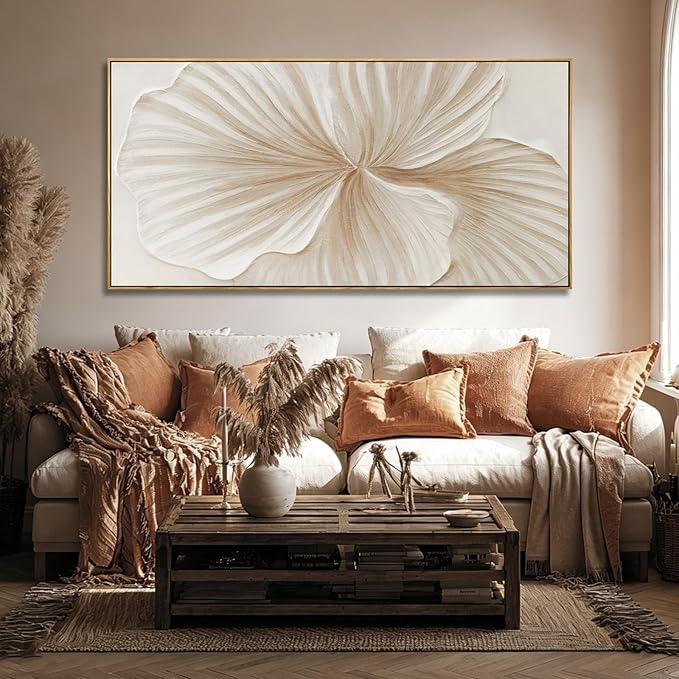 Framed White Floral Wall Art Hand Painted Textured Canvas Wall Art Modern Minimalist Abstract Flower Artwork for Living Room Bedroom Office 24x48 Inch