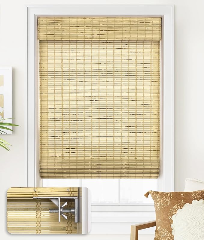 LazBlinds No Tools No Drill Cordless Bamboo Roman Shades, Custom Light Filtering Window Treatment, Roll Up Bamboo Blinds for Windows, Petite Rustique
