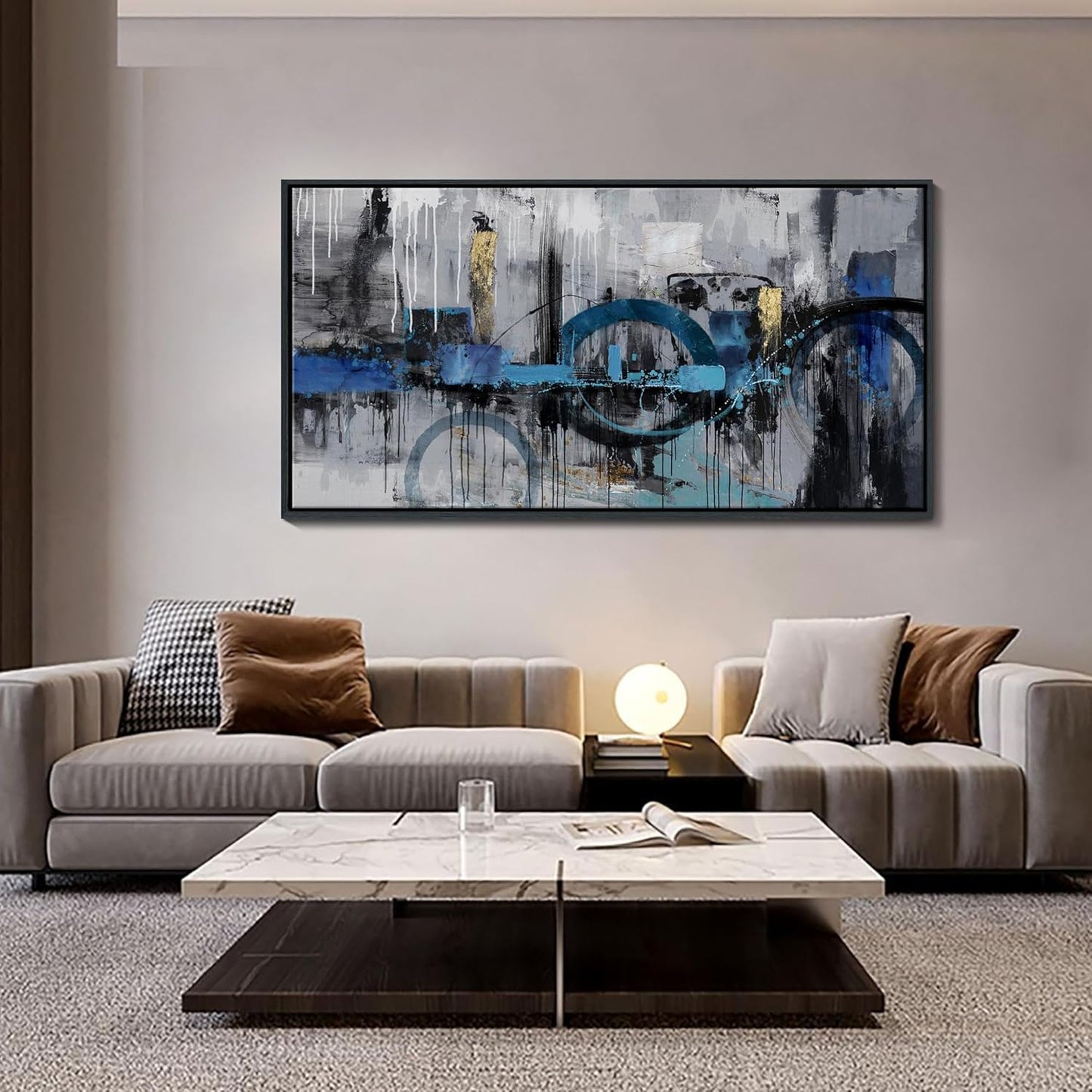KLAKLA Abstract Canvas Wall Art - Blue and Gray Lnk Style Gold City Scenes Wall Decor Living Room Bedroom Decoration Black Frame Picture Artwork for Wall Modern Landscape Wall Decor