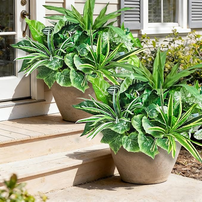 Artificial Plants for Outdoors Faux Greenery Leaves UV Resistant Realistic Plastic Large Bunches Shrubs Bushes with Stems, Fake Plants Decor Outdoor for Front Porch Door Patio Garden Yard, 18Pcs