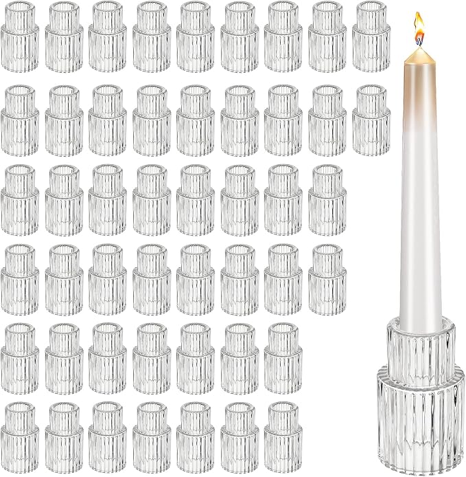 48 Pack Glass Taper Candle Holders, Clear Ribbed Candlestick Holders Bulk, Small Thick Glass Candle Stick Holders for Wedding Table Centerpieces, Party Favors, Christmas Dining Decor (48)