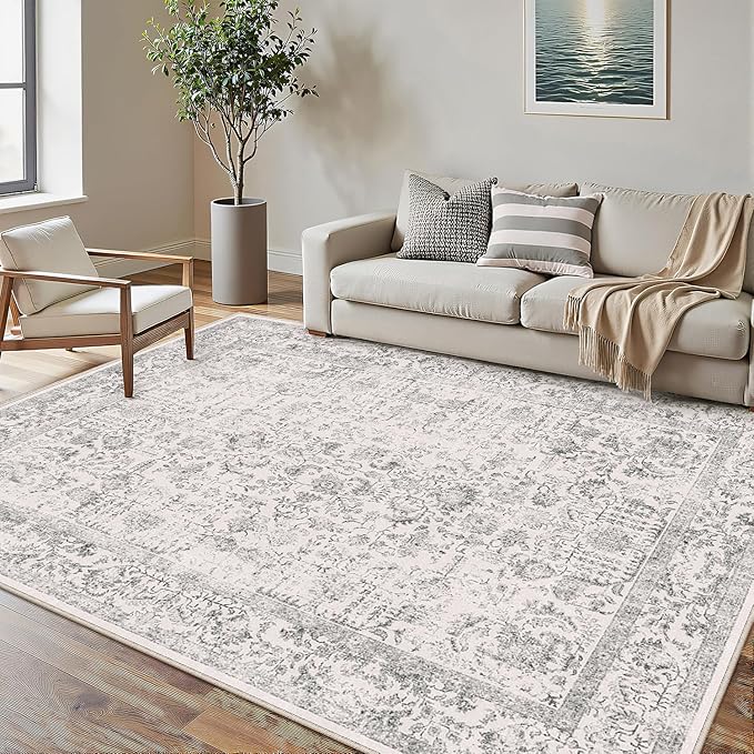PureCozy Gray Area Rug 5x7 Machine Washable Vintage Living Room Distressed Non Slip Carpet Traditional Indoor Bedroom Grey Retro Floral Accent Throw Large Rug for Office Kitchen Bathroom Dining Room