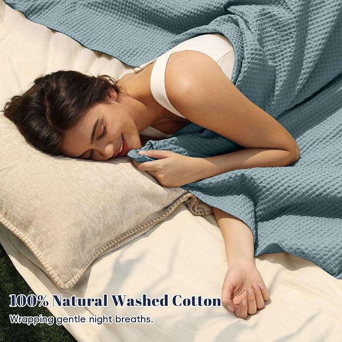 PHF Pre-Washed 100% Cotton Waffle Weave Blanket Twin Size for Bed,Snag Proof Throw Blanket for Couch Spring Summer Lightweight Breathable,Machine Washable, Home Decor Gift - Ocean