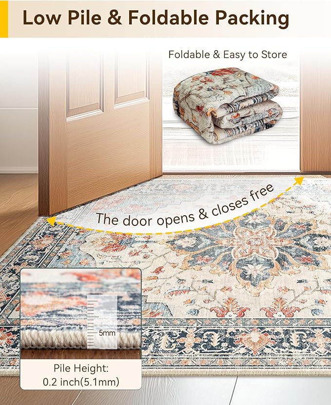RELEANY Area Rugs 3'x4' Washable Non-Slip, Floral Vintage Distress Print Pattern Medallion Carpet for Living Room Bedroom Dining Room, Beige Navy Blue Orange Colorful