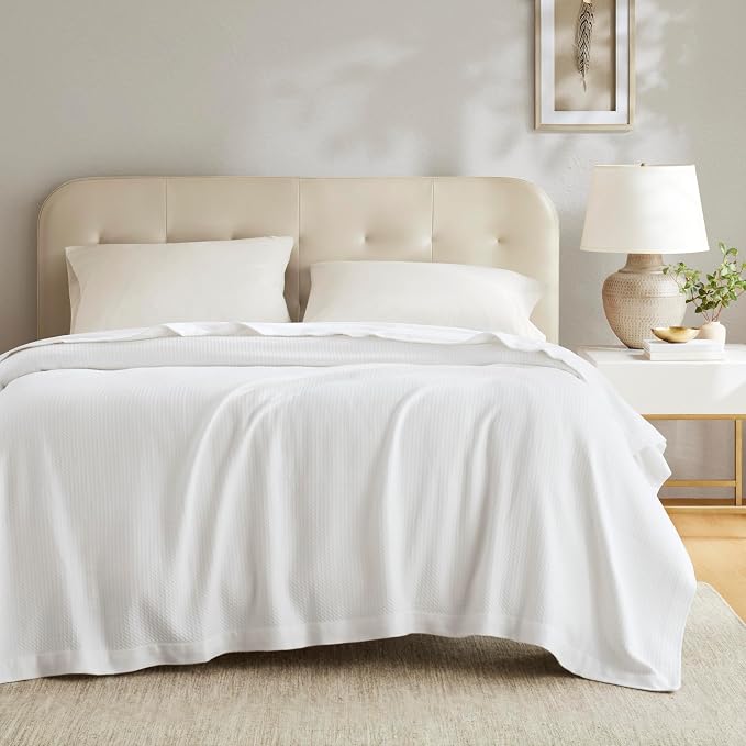Madison Park 100% Egyptian Cotton Lightweight Summer Blanket, Breathable Waffle Knit Design, Soft Cozy All-Season Throw for Bed, Couch or Sofa, White Full/Queen Size (90"x90")