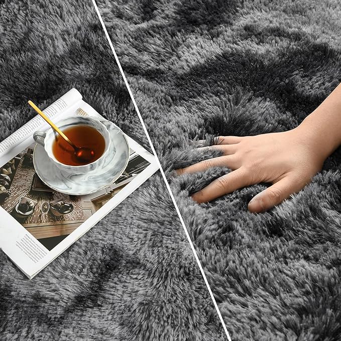 Deerhoo Large Shag Area Rugs 6 x 9, Tie-Dyed Plush Fuzzy Rugs for Living Room, Ultra Soft Fluffy Furry Rug for Bedroom, Indoor Carpet Nursery Rugs for Kids Room Home Decor, Dark Grey