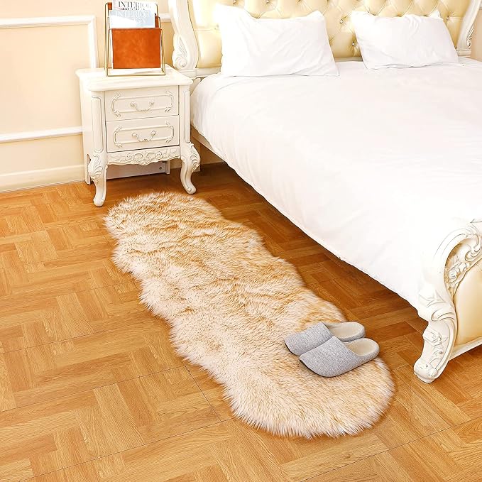 Faux Fur Sheepskin Runner Rug White Yellow 2x6 ft Ultra Soft Shaggy Plush Fluffy Fuzzy Area Carpet Decorative Chair Cover Floor Mat for Bedroom Sofa Living Room Bedside