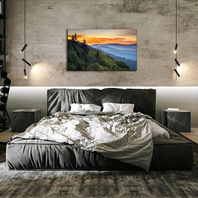 Great Smoky Mountains Canvas Wall Art Nature Forest Sunrise Wall Decor for Living Room National Park Photographic Prints Painting Misty North Carolina Landscape Pictures Artwork Home Decoration 24x36"